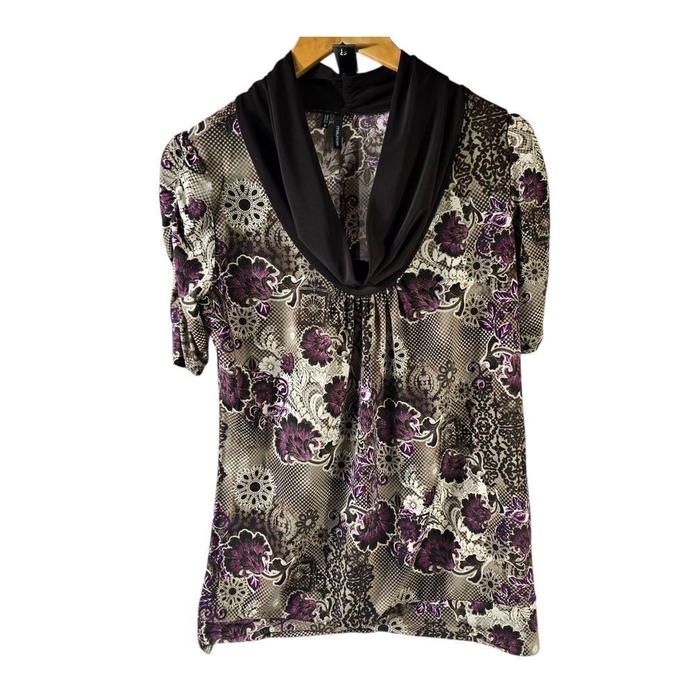 Maurices Brown and Gray Tie Front Blouse with Graphic Design